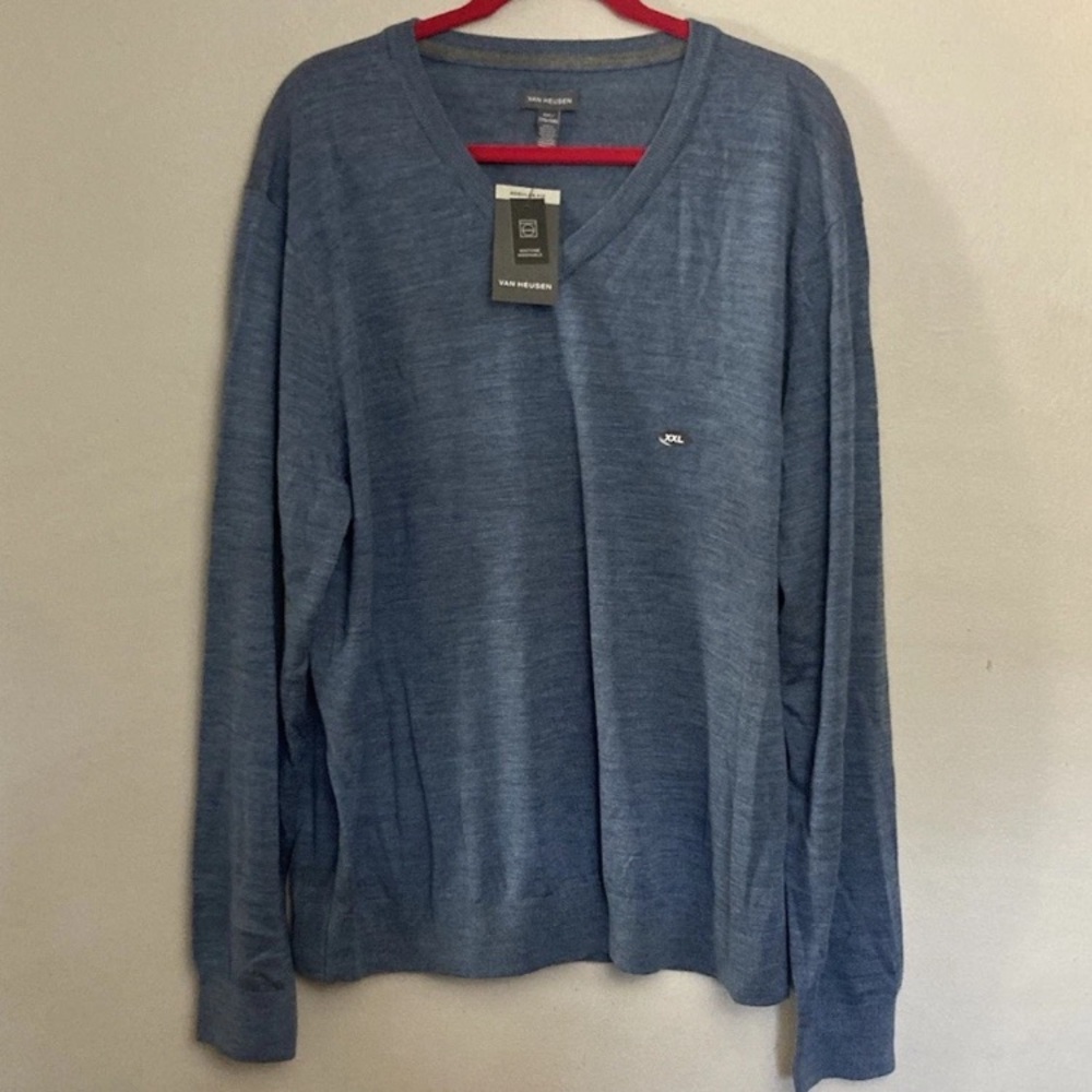 9-23 Van Heusen Merino Wool Sweater Blue XXL NWT V Neck